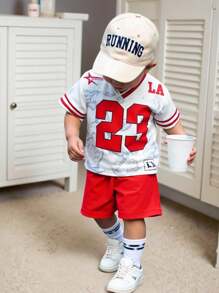 SHEIN 2pcs Baby Boy Casual Sports 23 Number Print V-Neck Short Sleeve T-Shirt And Shorts Set, Baby Boy Clothes Streetwear Baby Boy Clothes Sporty Boy Clothes Baby Boys Clothes Baby Boy Summer Clothes Baby Boys Sets Baby Boy Clothes Sporty Baby Boy Sports Clothes Baby Boy Jersey Boy Clothes Set Boy Clothes For Baby Summer Boy Clothes For Baby Infant Baby Boys Clothes Kid Clothes Toddler Clothes Baby Outfit 6M-3T