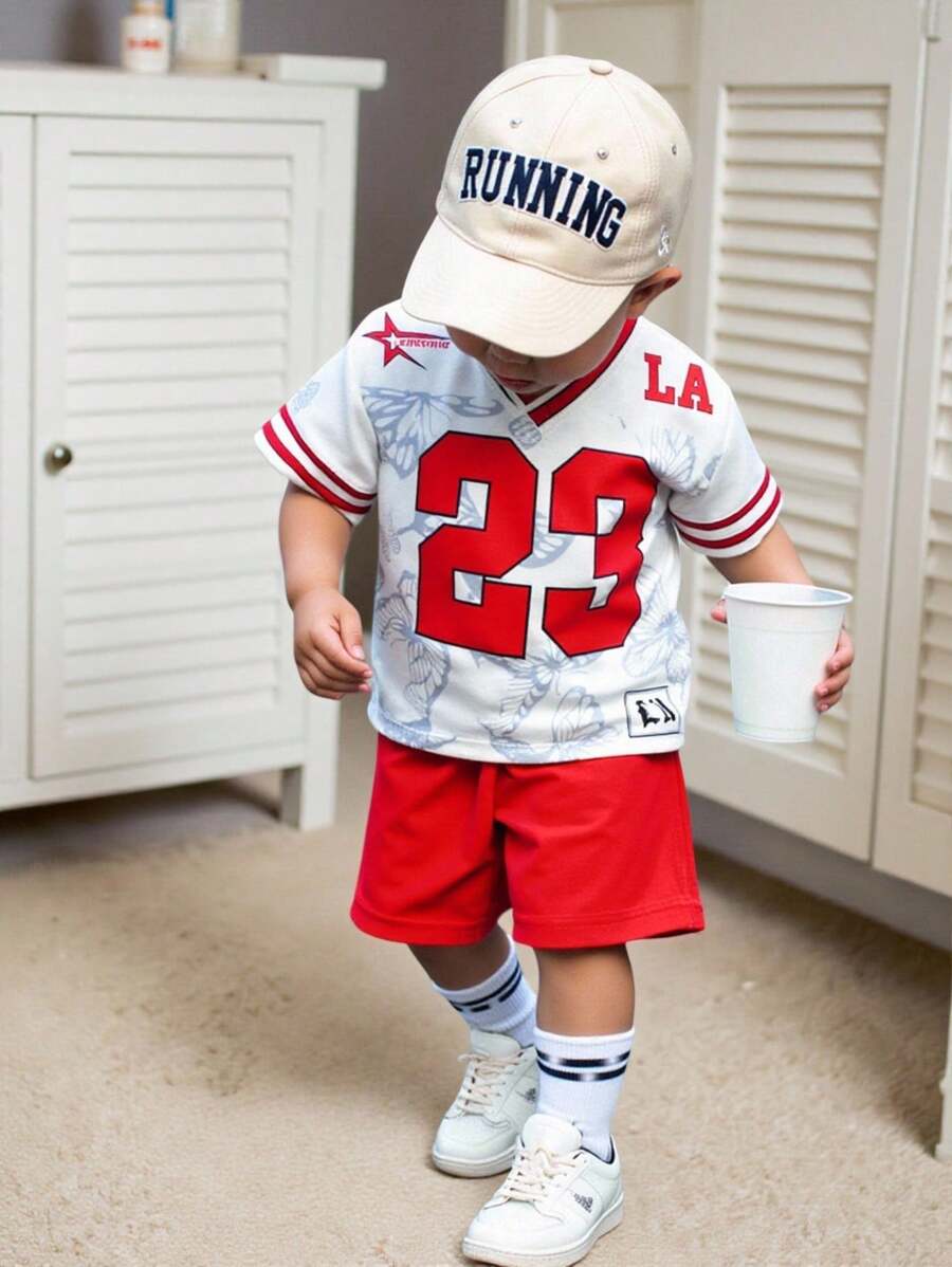 SHEIN 2pcs Baby Boy Casual Sports 23 Number Print V-Neck Short Sleeve T-Shirt And Shorts Set, Baby Boy Clothes Streetwear Baby Boy Clothes Sporty Boy Clothes Baby Boys Clothes Baby Boy Summer Clothes Baby Boys Sets Baby Boy Clothes Sporty Baby Boy Sports Clothes Baby Boy Jersey Boy Clothes Set Boy Clothes For Baby Summer Boy Clothes For Baby Infant Baby Boys Clothes Kid Clothes Toddler Clothes Baby Outfit 6M-3T