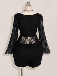 SHEIN ICON Áo kiểu dáng cỡ lớn, chất liệu ren nhún bèo, cổ tim, vạt bất đối xứng, phong cách Y2K, kiểu babydoll, thích hợp cho hẹn hò, đi nghỉ mát, du lịch. Dành cho phụ nữ. - màu đen - Xem 2
