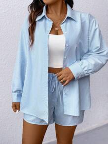 SHEIN LUNE Conjunto de 2 piezas talla grande con camisa casual de manga larga con rayas impresas y pantalones cortos