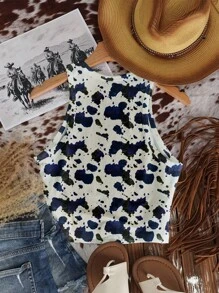 SHEIN EZwear 休闲简约奶牛图案圆领修身女式背心，适合夏季 - 彩色 - 查看 2