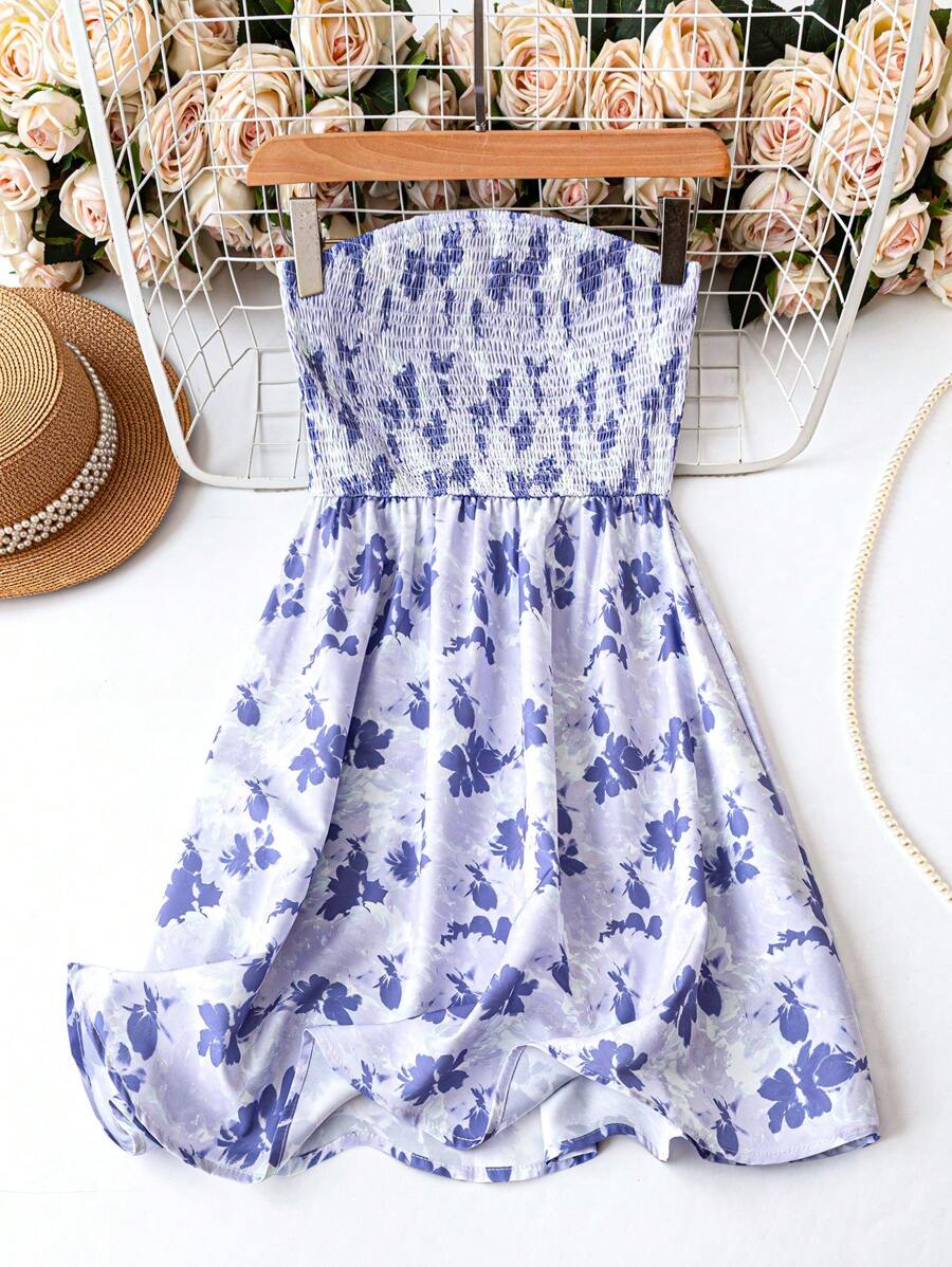 SHEIN LUNE Casual Floral Print Bandeau Dress, Summer Strapless Sundress Blue Floral Dress Summer Sundress Strapless Summer Dress Blue And White Floral Dress - Purple - View 1