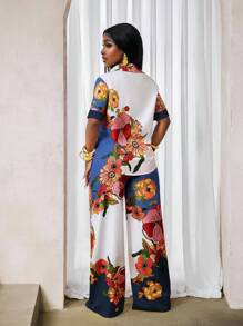 BamGleam 2件套女士节日花卉印花短袖衬衫和阔腿裤套装 - 藍色 - 查看 2