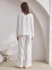 Ocili Leisure 1 Set Women's Natural Comfort Non-Stretch Crinkled Linen Long Sleeve Top And Full Length Pants Sleepwear Pajamas Set, Fall Winter Clothes Cozy And Elegant Details - Beige - View 3