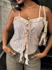 Damen Pailletten Sichtbare Spaghettiträger Trägertop, lässige Außenkleidung für den Sommer