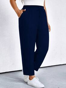 SHEIN PETITE Plus Size Women Casual Loose Solid Drawstring Pants For Outdoor Vacation - Navy Blue - View 3