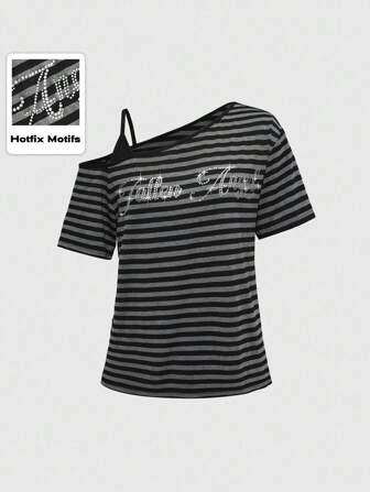 Grunge Punk Dark Punk Striped Letter Rhinestone Oblique Shoulder Loose 2 In 1 Women T-Shirt
