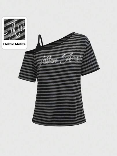 Grunge Punk T-shirt da donna oversize con strisce, lettere e strass, con spalla obliqua, stile punk scuro