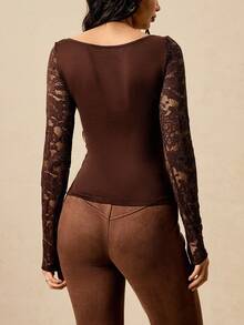 Easelle 棕色针织女式蕾丝边修身T恤 - 咖啡棕 - 查看 9