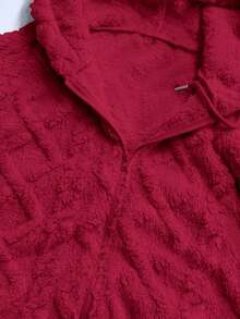 EMERY ROSE Women Casual Solid Color Textured Fleece Hooded Zipper Jacket Fall Winter Cloth For Women - Burgundy - View 7