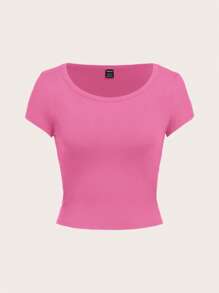 SHEIN EZwear Áo thun nữ cổ tròn tay raglan màu đen ôm sát, màu hồng fuchsia tối giản, phù hợp cho mùa hè - Màu Hồng Tươi - Xem 5