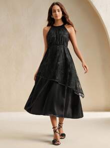 Anewsta Rochie elegantă și la modă, neagră, cu broderie groasă din dantelă, model patchwork, pentru doamne, de vacanță - Negru - Vizualizare 5