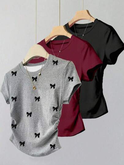 SHEIN Camiseta de manga corta con cintura fruncida de talla grande de estilo casual de verano