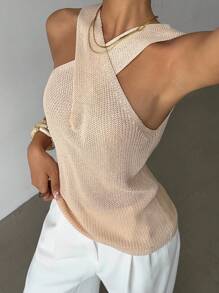 Elenzga Back To School Casual Niche Design Criss-Cross Neck Knit Sweater, Retro Style For Women, Spring/Autumn