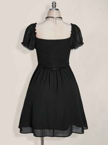 SHEIN ICON Váy chữ A tay bồng cổ chữ V cỡ lớn cạp cao, váy suông gợi cảm cổ điển Y2K, quần áo đi nghỉ hè & trở lại trường - màu đen - Xem 2