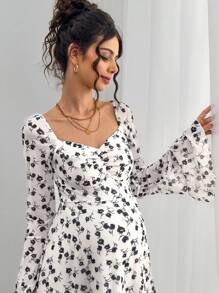Momance Spandex Mesh Print Flare Sleeve Backless Bowknot Collar Maternity Dress - Multicolor - View 3