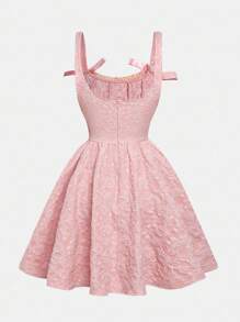 SHEIN Girlism Tween Girl 优雅纯粉色编织提花吊带连衣裙，带蝴蝶结，适合正式场合、派对和日常穿着 - 粉色 - 查看 3