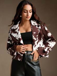 Anewsta Women's Casual Chic Animal Print Camo Short Jacket, Long Sleeve Motorcycle Outerwear For Autumn - Brown - View 6