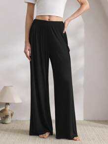 Ocili 休闲柔软舒适棉质垂坠阔腿裤，带口袋，女士家居服，秋季 - 黑色 - 查看 4