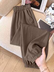 SHEIN LUNE CURVE 大码女式纯色荷叶边腰口袋弹性下摆休闲裤 - 棕色 - 查看 4