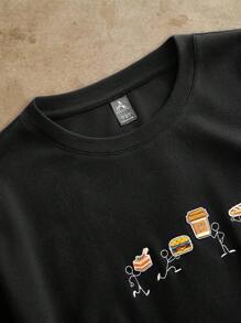 Anewsta Men's Casual Loose Crew Neck Short Sleeve Top, Cartoon Embroidered Black T-Shirt