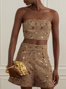 Revavyn Bộ 2 món: Áo ống thêu sequin màu nâu và vàng + quần short thanh lịch bằng vải tuýt dành cho nữ - Cà phê nâu - Xem 5