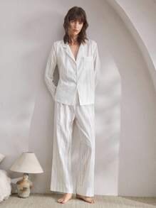 Ocili Leisure 1 Set Women's Natural Comfort Non-Stretch Crinkled Linen Long Sleeve Top And Full Length Pants Sleepwear Pajamas Set, Fall Winter Clothes Cozy And Elegant Details - Beige - View 5