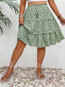 SHEIN Clasi 大码女式碎花松紧腰夏季休闲半身裙 - 綠色 - 查看 5