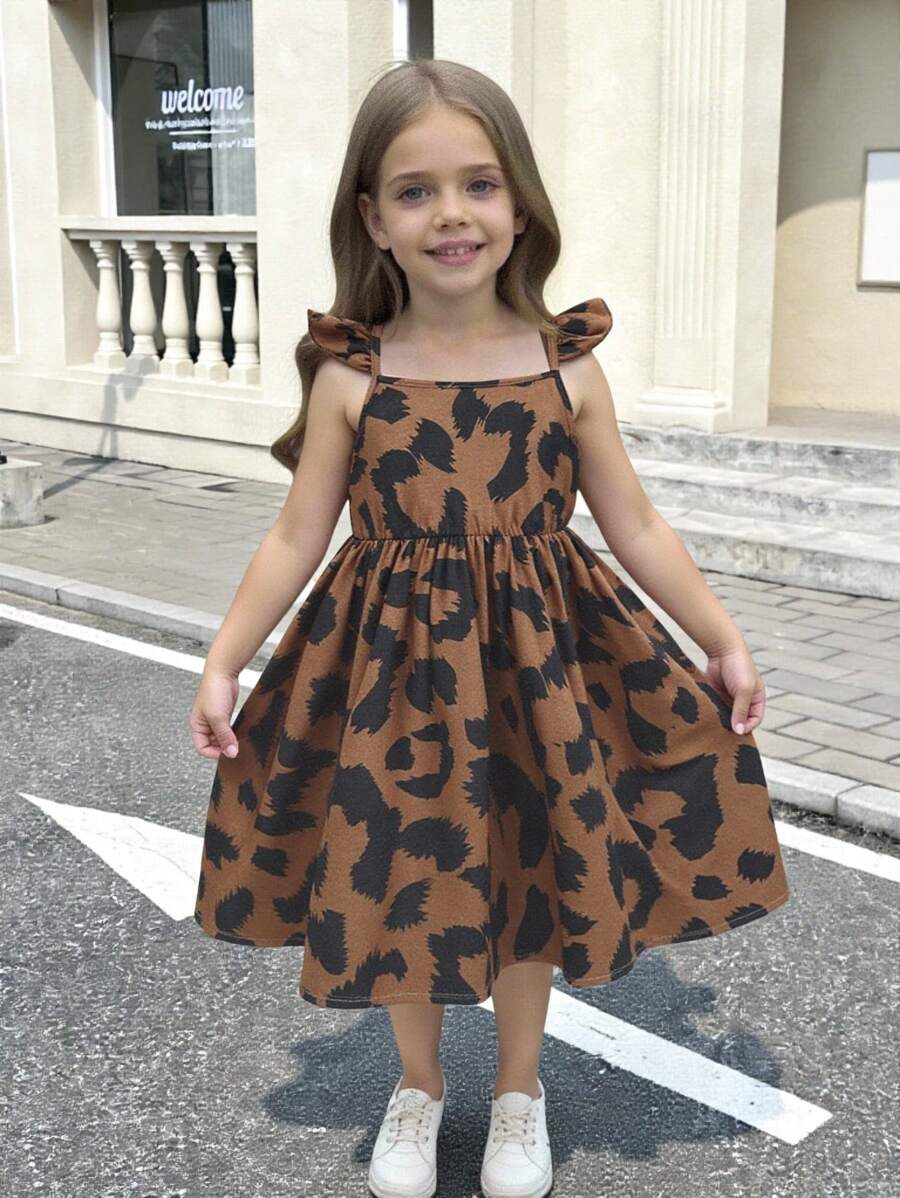 SHEIN Young Girl Loose Casual Sweet Fitted Waist Cap Sleeve A-Line Knee-Length Dress - Multicolor - View 1