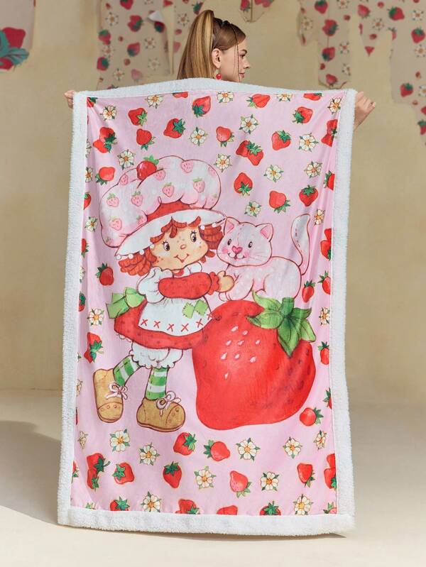 Strawberry Shortcake X SHEIN Cartoon Character & Strawberry Printed Plus Fleece Thick Blanket, Day