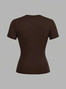 SHEIN EZwear Bộ 3 áo thun dài tay bó sát cổ tròn thường ngày cho nữ màu đen, nâu đậm, màu mơ, thích hợp cho mùa hè - Nhiều màu - Xem 4