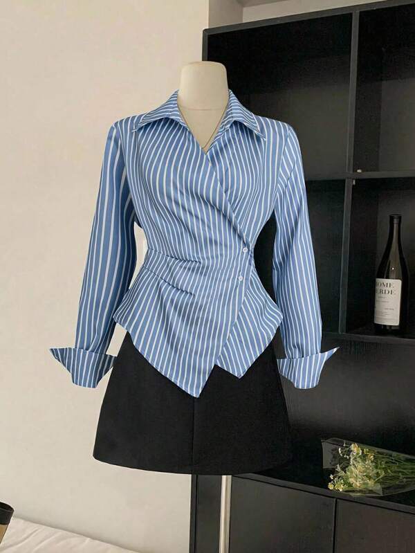 Franclia Asymmetrical Waist Slimming Striped Long Sleeve Blouse Women Shirt