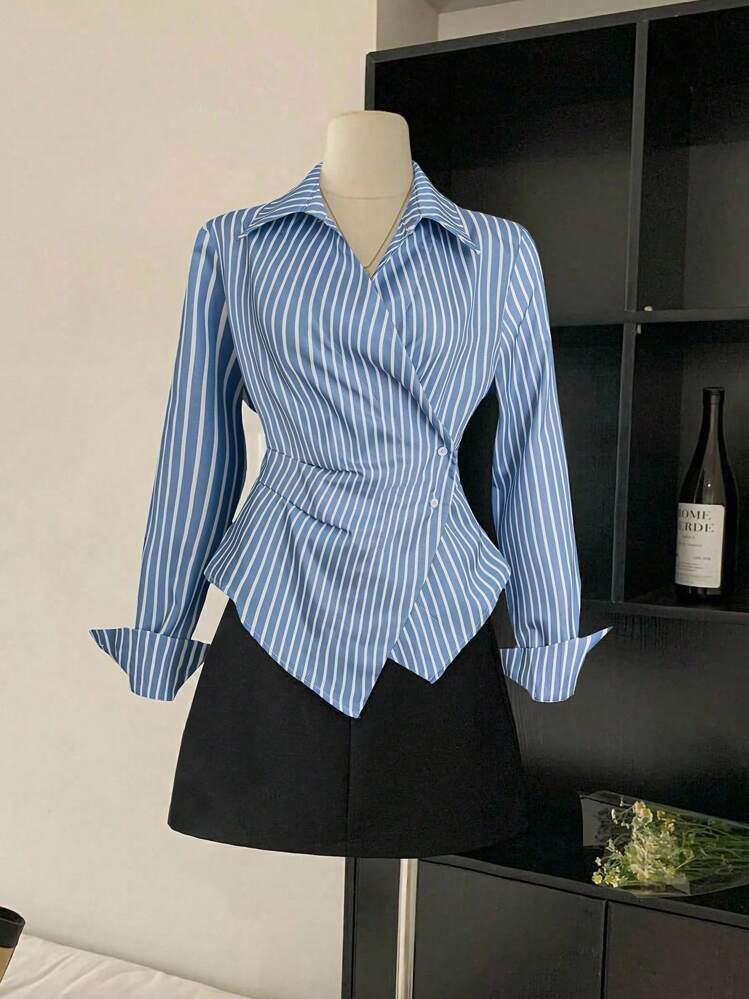 Franclia Asymmetrical Waist Slimming Striped Long Sleeve Blouse Women Shirt - Blue - View 1