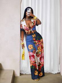 BamGleam 2件套女士节日花卉印花短袖衬衫和阔腿裤套装 - 藍色 - 查看 1