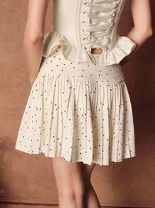 Savoree Fashionable And Elegant Polka Dot Pleated High Waist Bow Mini Skirt For Women, Summer - Apricot - View 2