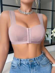 简约纯色褶饰前纽扣吊带背心，宽肩带 - 藕粉色 - 查看 5