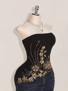 SHEIN ICON Plus Size Y2k Summer Women Going Out Vintage Boho Fashion Vacation Glitter Embroidered Sparkly Sequin Black Asymmetric Hem Embroidered Bandeau Top, Fashion Embroidered Corset Top - Multicolor - View 8