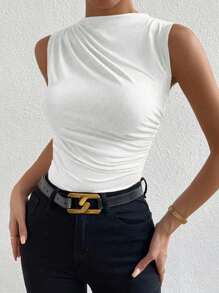 SHEIN PETITE Blanco Verano Top sin mangas de mujer con cuello de pie elegante y plisado - Blanco - Ver 7