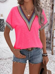 EMERY ROSE Women's Vacation Casual Ribbon Splice Batwing Sleeve T-Shirt - Watermelon Pink - View 6