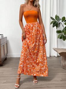 SHEIN Clasi 女士花卉印花休闲无袖连衣裙 - 橘色 - 查看 4