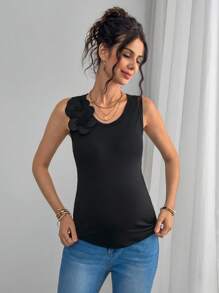 Momance Camiseta sin mangas con cuello redondo, decoración floral 3D y unicolor para maternidad