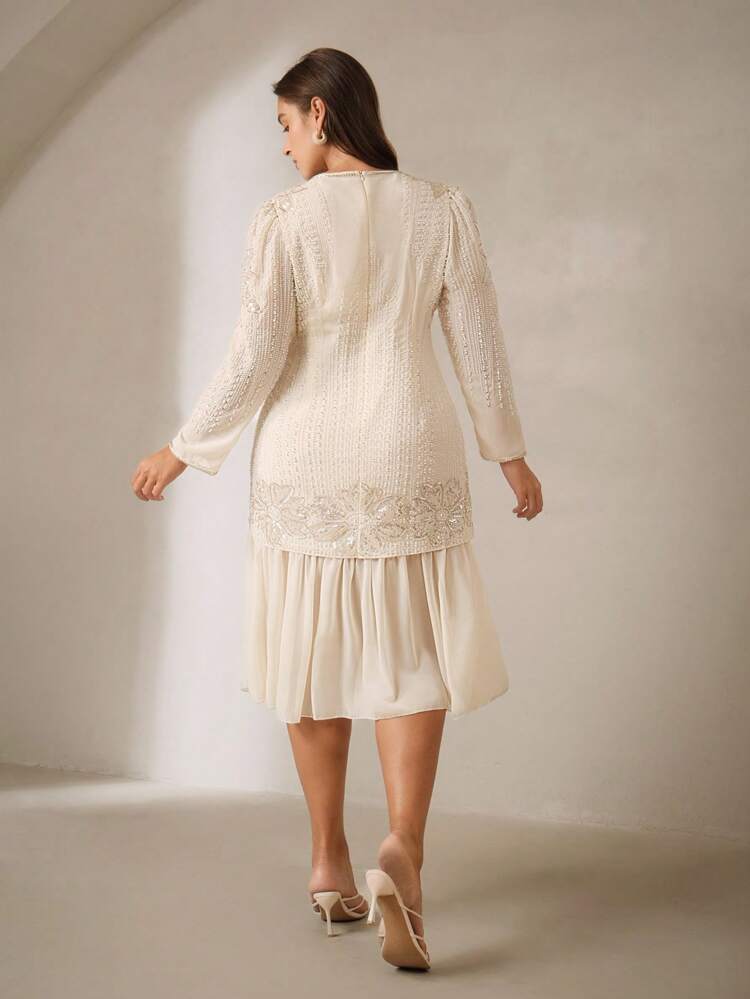 Vestido de fiesta elegante de manga larga con chifón, con aplique de lentejuelas y perlas para mujer de talla grande