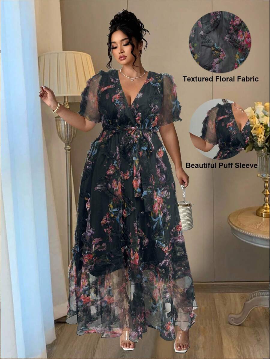 Auvina 女式 V 领提花泡泡袖系腰优雅连衣裙，春夏 - 彩色 - 查看 1