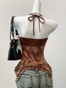 SHEIN EZwear Áo Y2k Vintage Grunge Country Concert Retro In Lưới Halter Cổ Hở Lưng, Nhìn Xuyên Qua - màu nâu - Xem 2