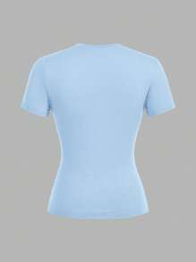 SHEIN EZwear 3件套女士休闲紧身圆领长袖T恤套装，浅蓝色，浅粉色，白色，适合夏季