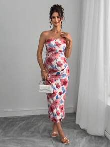 SHEIN Maternity Floral Print V-Neck Ruched Bodycon Elegant Dress - Burgundy - View 4