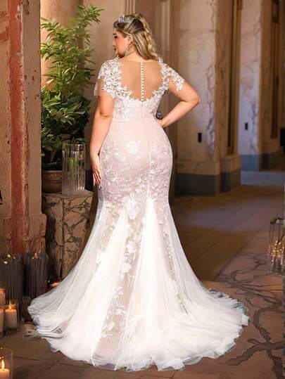 Glamrae Plus Size Elegant Luxurious Embroidered Lace Applique Mesh Mermaid Prom Dress With Train, Suitable For Weddings, Parties, Vacation, Ball