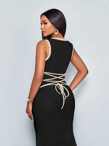 SOLERSUN Women's Slim Fit Round-Neck Color Block Cross-Over Contrast Waist Straps At Back Sexy Graceful Maxi Dress With Color Block Splicing Detail,Casual Resort Style,Suitable For Vacation - Black - View 6