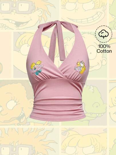 Nick 90's X ROMWE Women's Casual Summer Pink Cartoon Pattern Ruched Halter Top