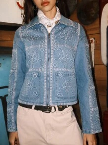 Easelle 女士休闲花卉刺绣牛仔夹克，适合春秋季 - 藍色 - 查看 11